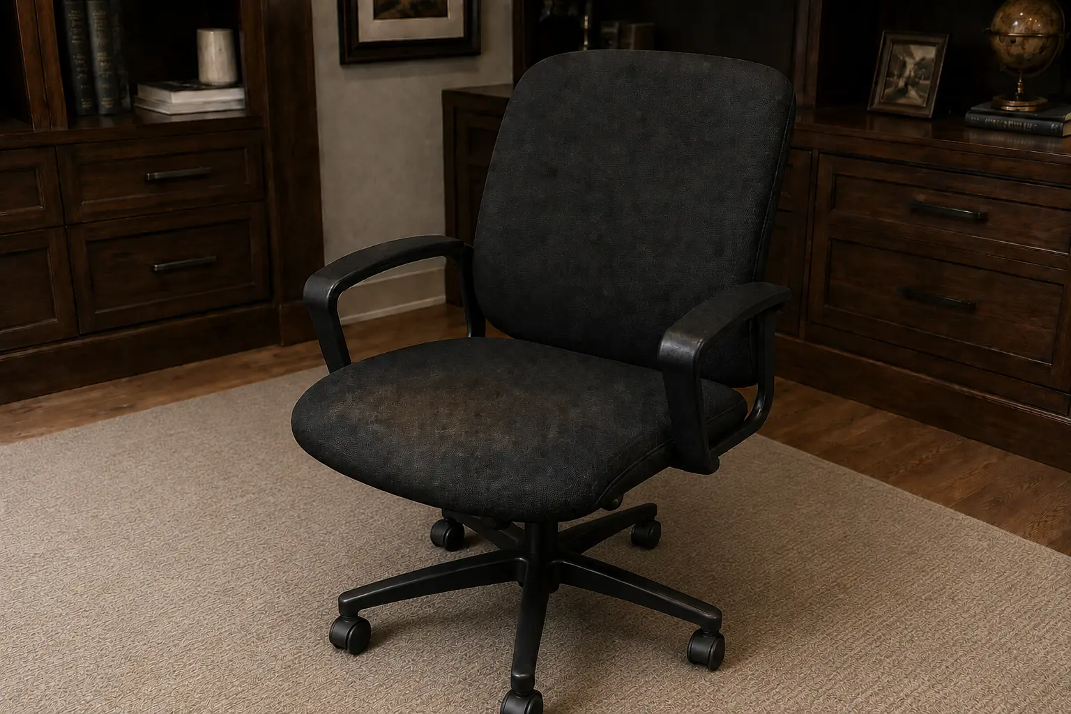 Dirty black fabric executive office chair before deep cleaning