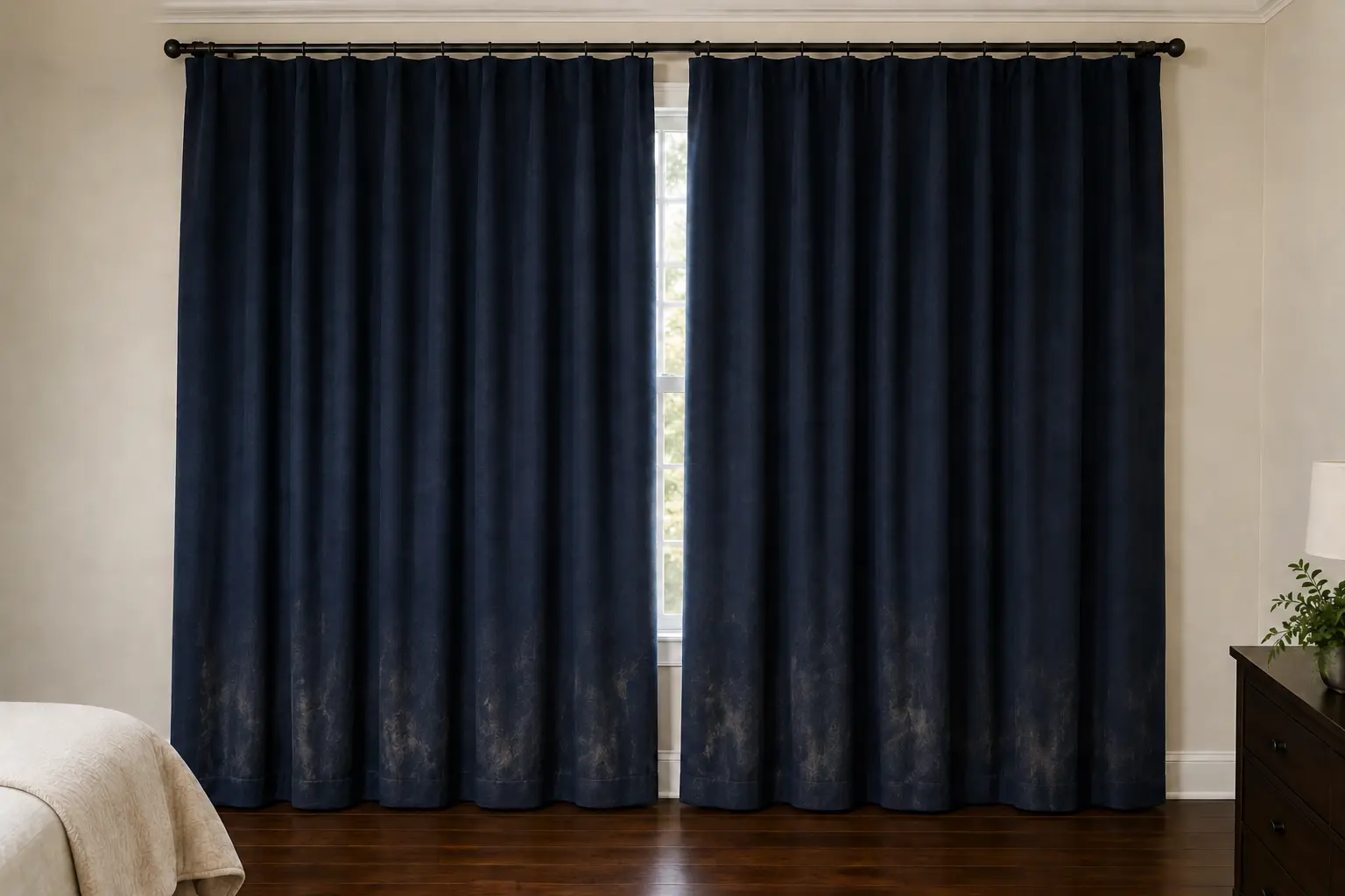 Dirty navy blackout curtains before deep cleaning