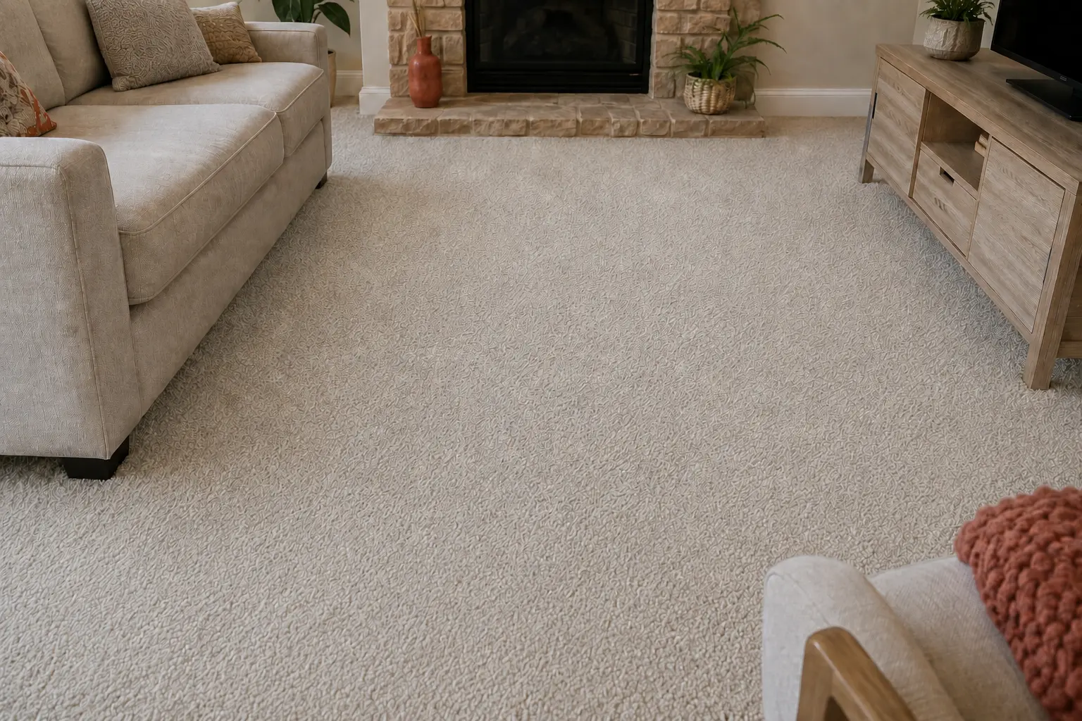 Clean living room wall-to-wall carpet after deep cleaning