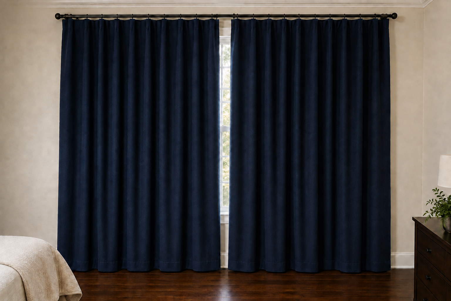 Clean navy blackout curtains after deep cleaning
