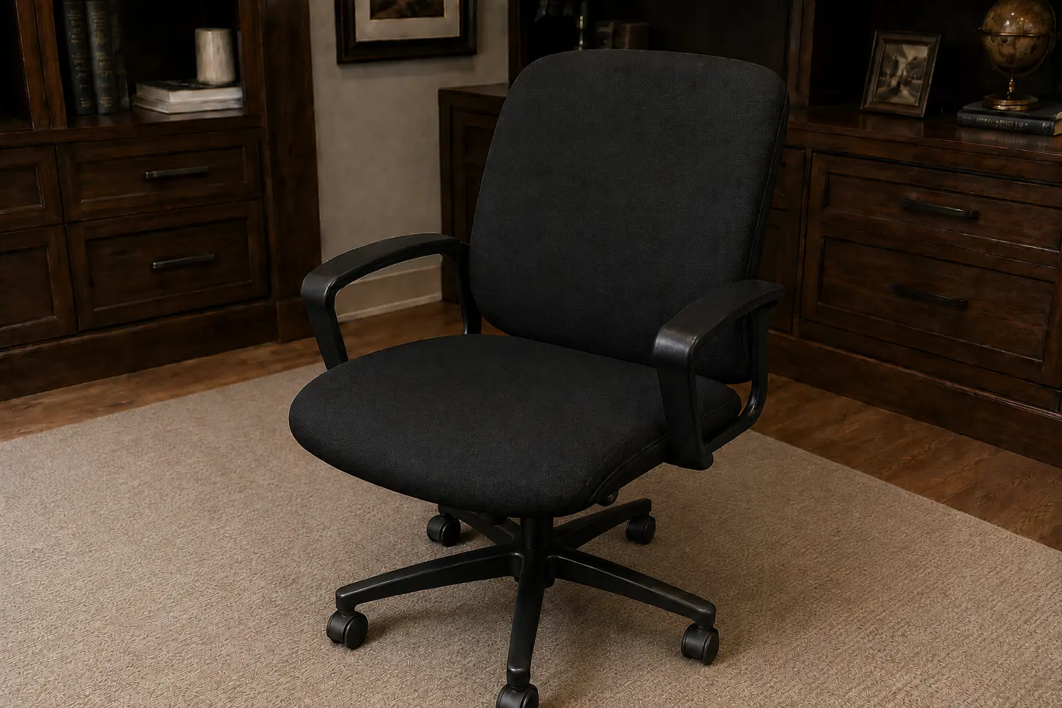 Clean black fabric executive office chair after deep cleaning