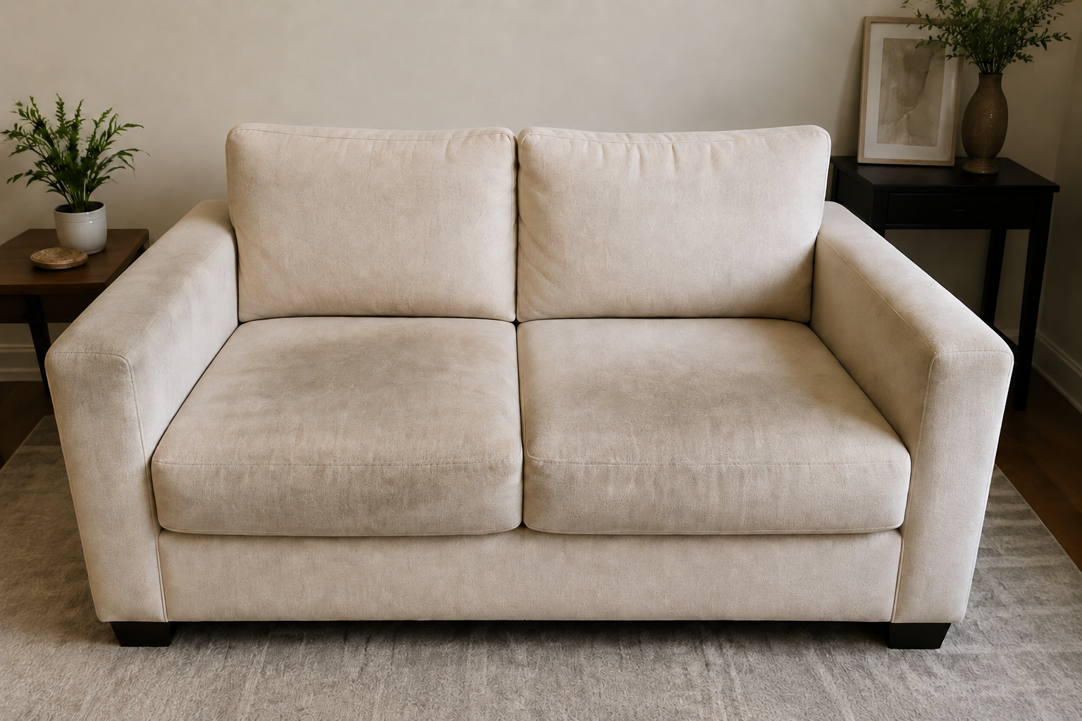 Dirty fabric two-seater couch before deep cleaning