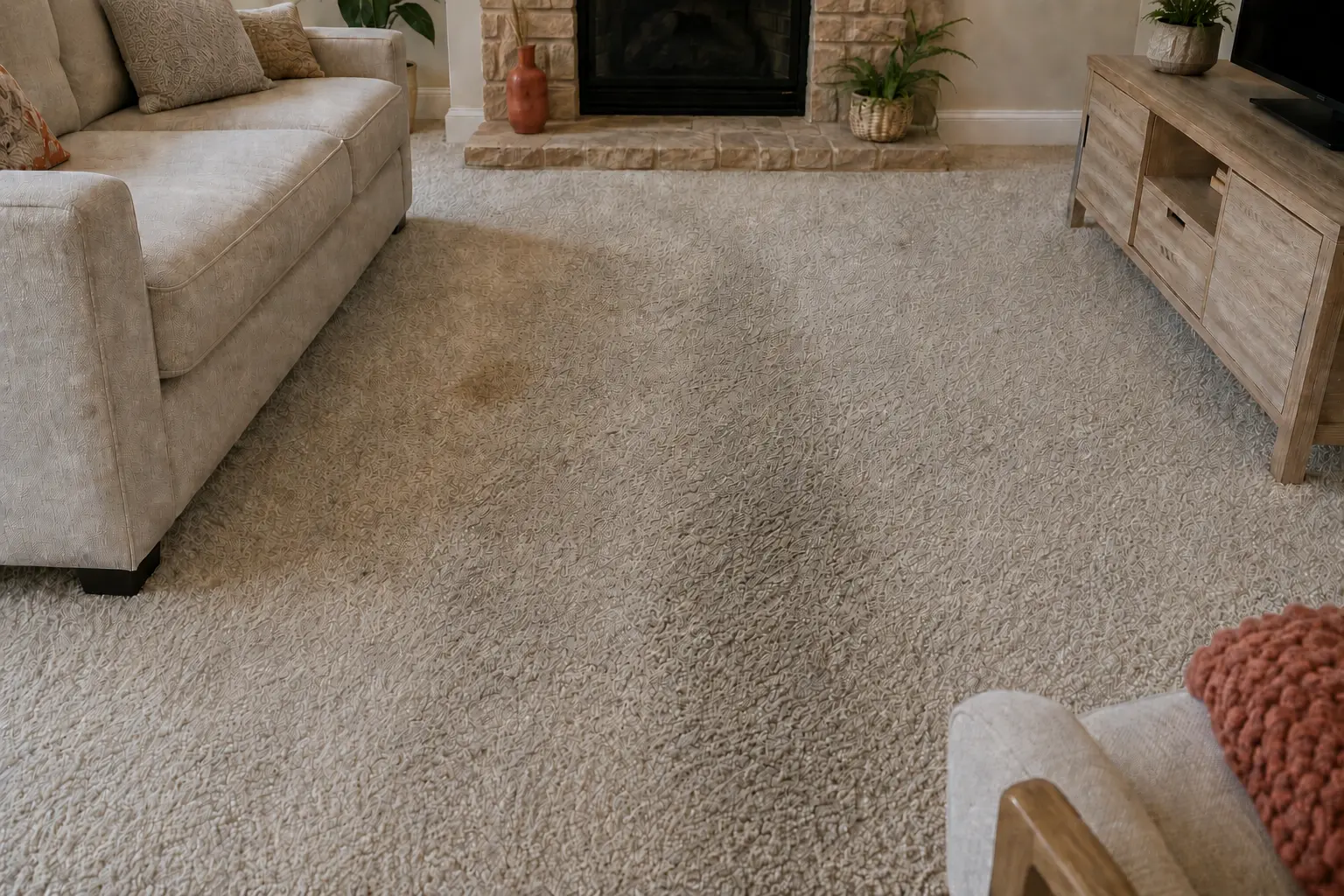 Dirty living room wall-to-wall carpet before deep cleaning